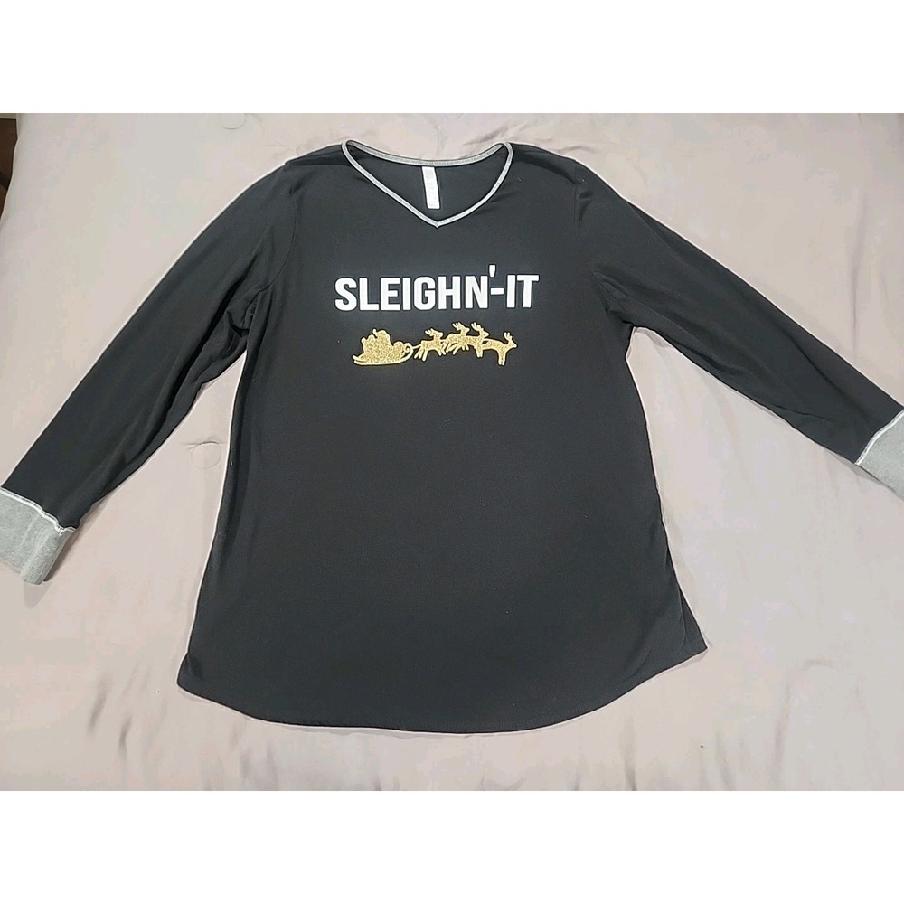 Cacique T-shirt Gown Sleighn' It Size 14/16 Black Night Gown Women's